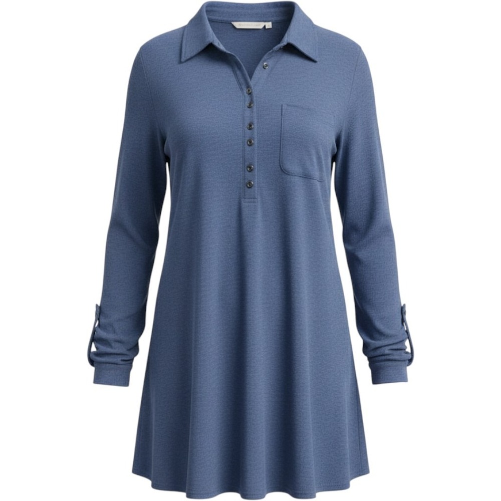 Soft Surroundings Blue Heathered Knit Button Tunic Top XL 2FW99 Roll Tab Sleeve